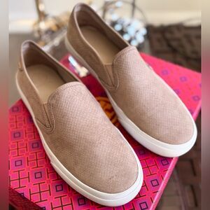 Tory Burch Lennon Slip-On Cobra Suede Sneaker - Taupe - Size 9